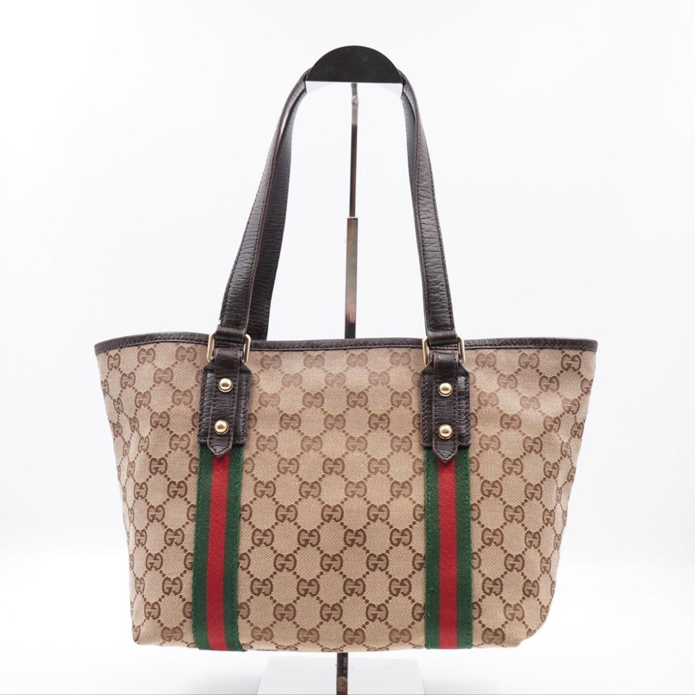 Gucci Beige GG Canvas Tote with Green and Red Web Stripe and Brown Trim - Picture 2 of 16
